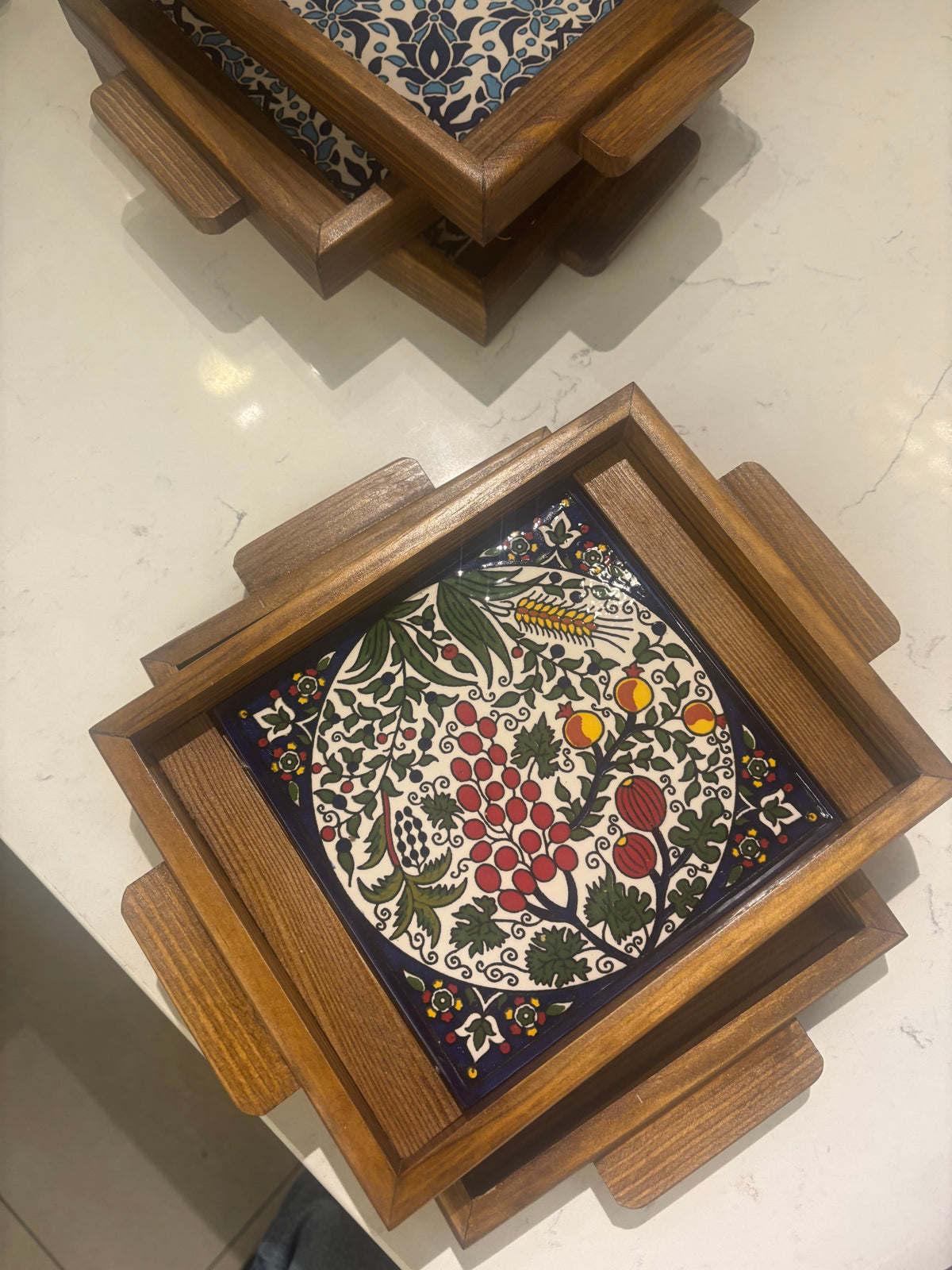 Ceramic One Panel Serving Blue Pattern Tray - dark Wood