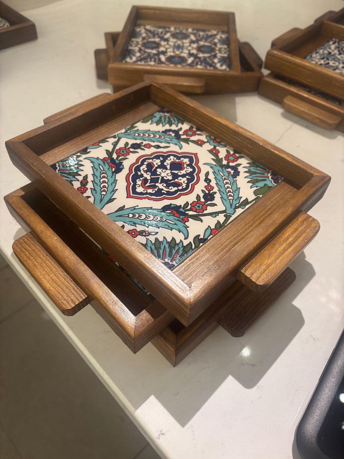 Ceramic One Panel Serving Blue Pattern Tray - dark Wood