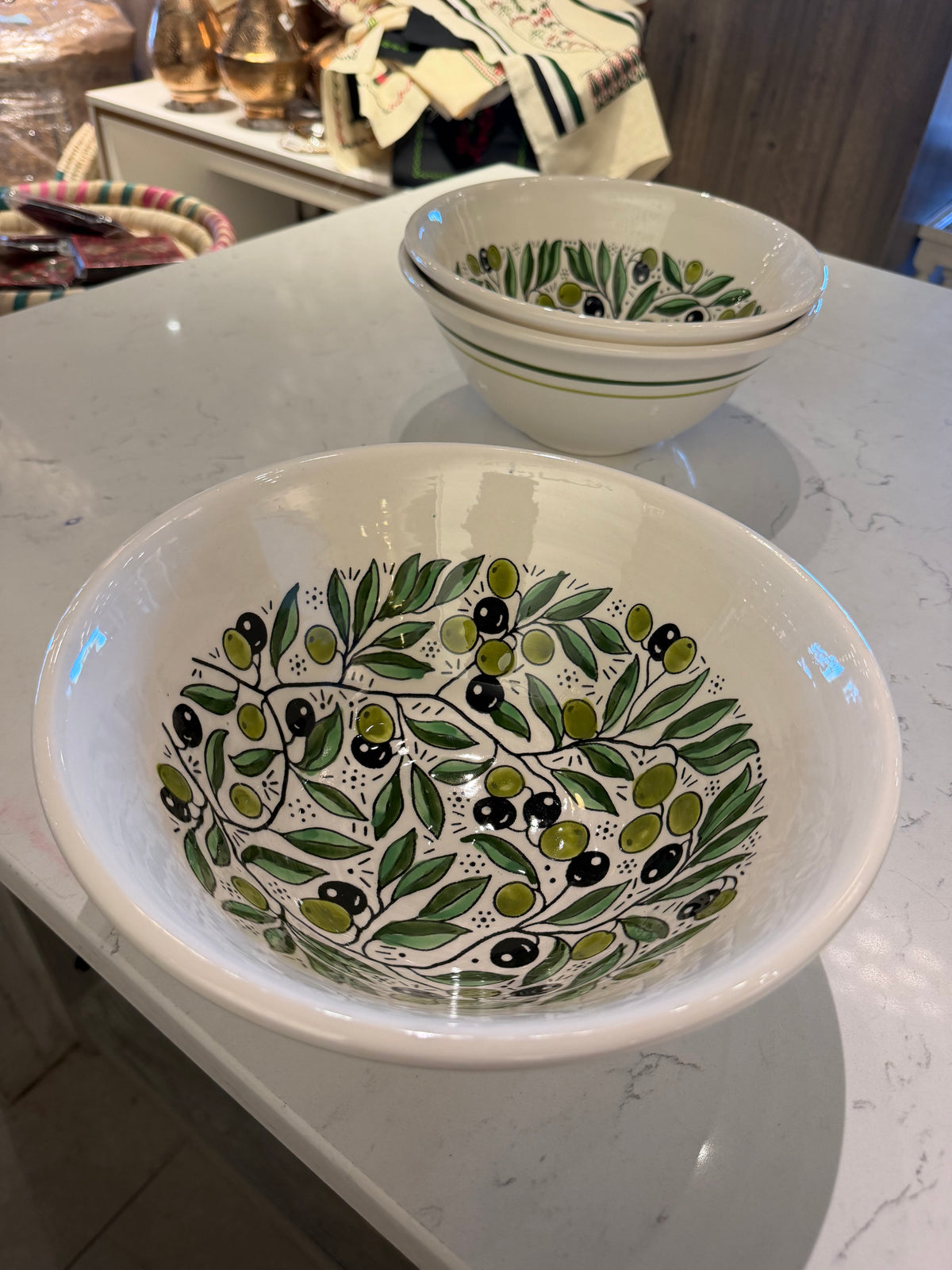Hand-Painted Olive Branch Deep Serving Bowl