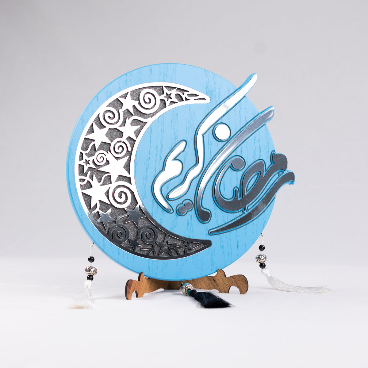 Ramadan Kareem Wooden Decor with Hilal and Beads 13 in (L) 14 in (W) / Blue - Silver / Sparkling Black hilal