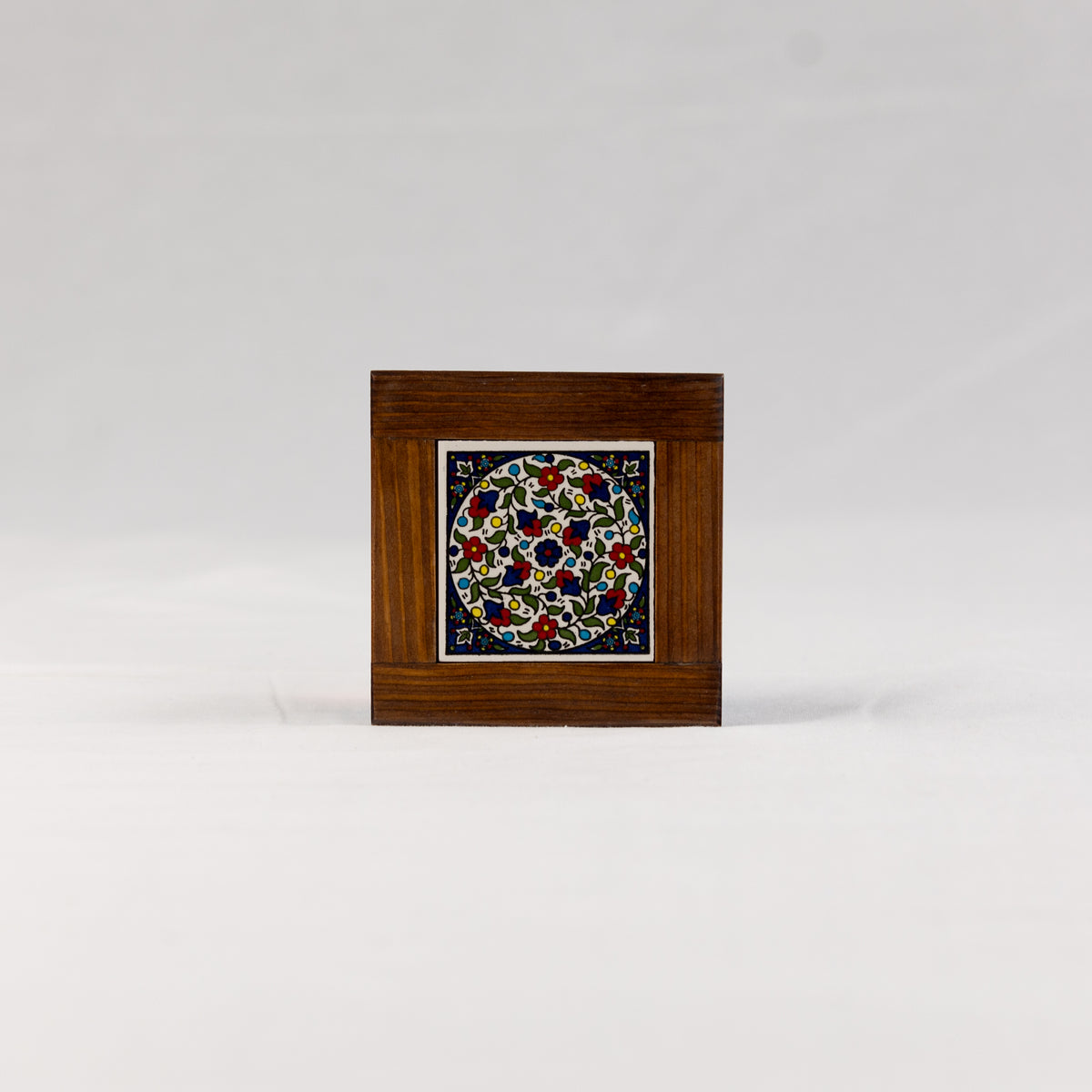 Ceramic & Wood Medium Coaster – Multicolor Floral Pattern