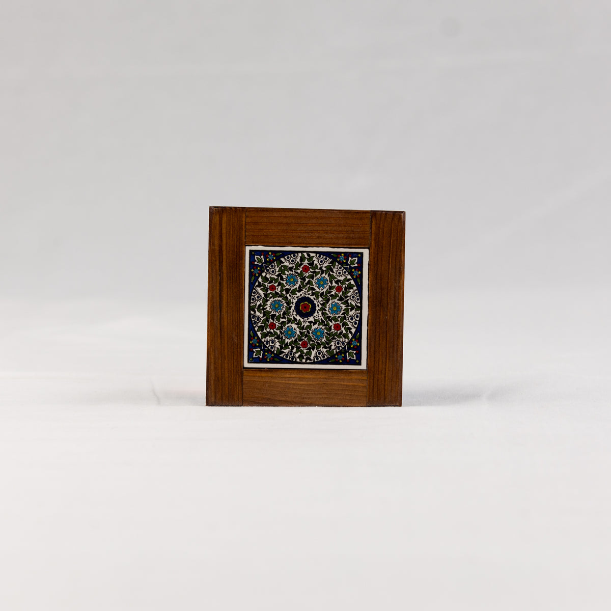 Ceramic & Wood Medium Coaster – Intricate Multicolor Floral Pattern