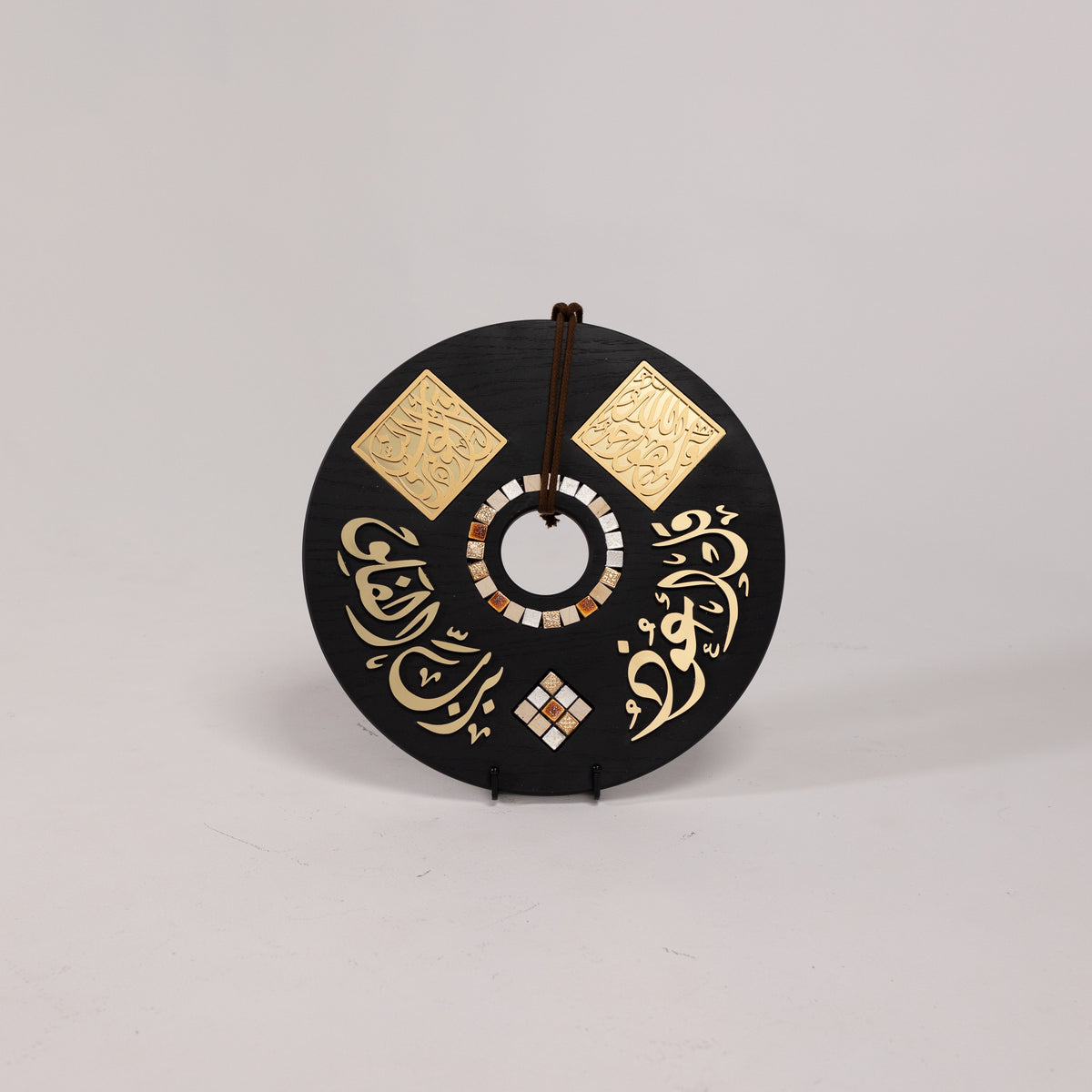 Divine Verses Wooden Disc Wall Art with Decorative Stones 17 in (L) 17 in (W) / Style 1 / Black - Gold