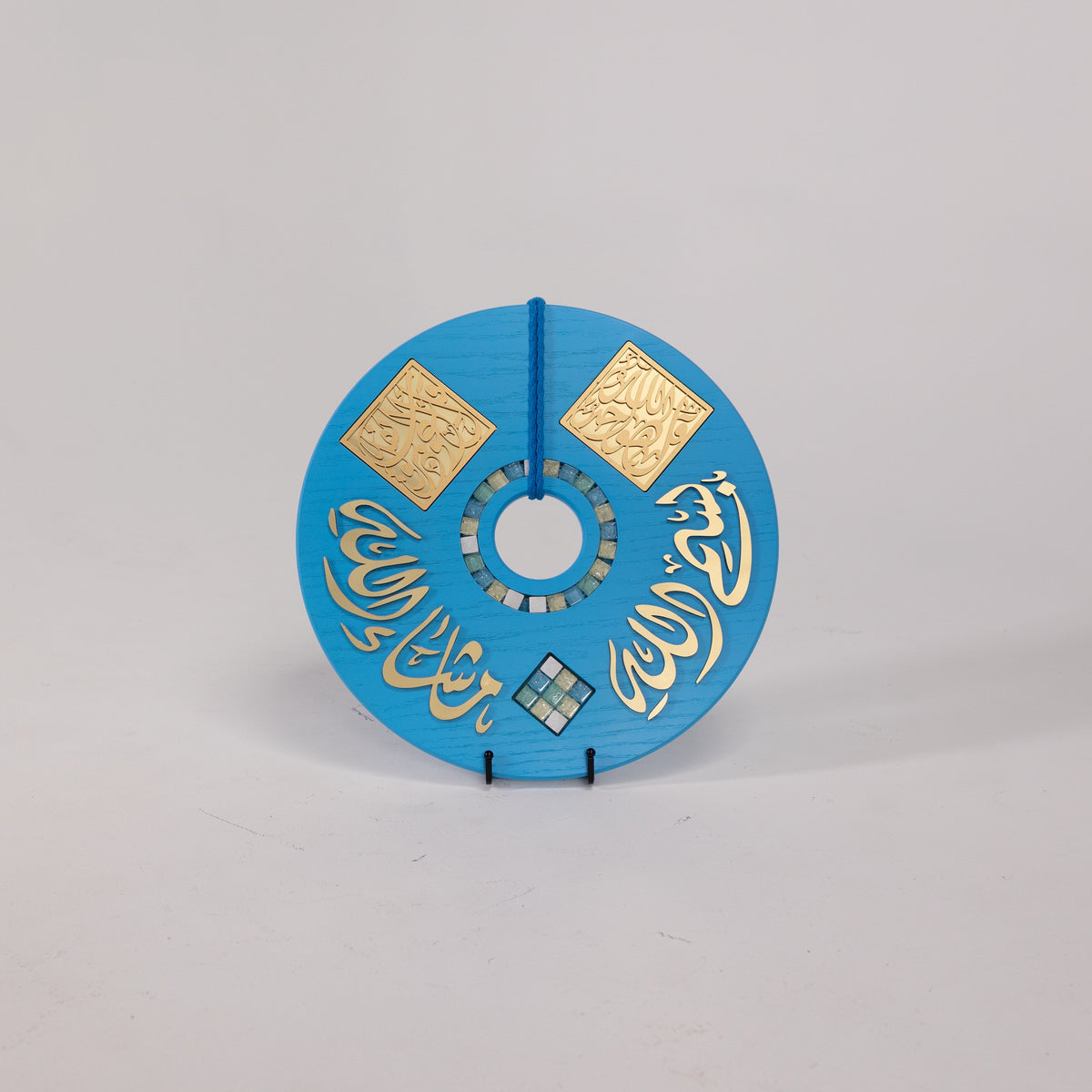 Divine Verses Wooden Disc Wall Art with Decorative Stones 17 in (L) 17 in (W) / Style 2 / Blue - Gold