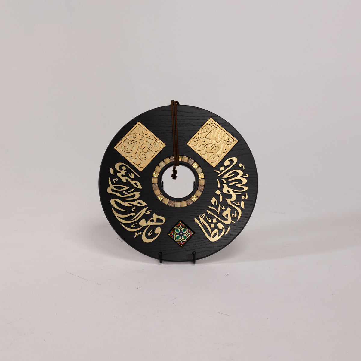 Divine Verses Wooden Disc Wall Art with Decorative Stones 17 in (L) 17 in (W) / Style 3 / Black - Gold