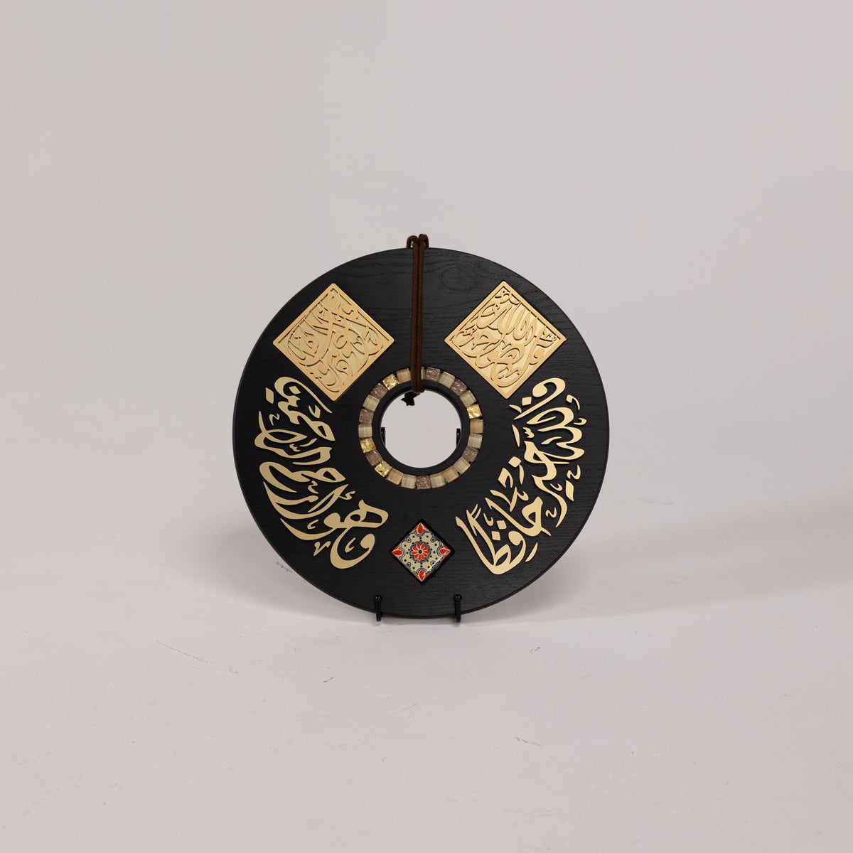 Divine Verses Wooden Disc Wall Art with Decorative Stones 17 in (L) 17 in (W) / Style 3 / Black - Gold