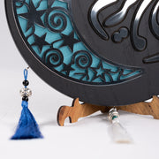 Ramadan Kareem Wooden Decor with Hilal and Beads 13 in (L) 14 in (W) / Black - Silver / Turquoise hilal